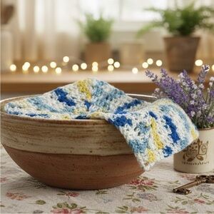 Handmade Crochet Granny Square Dish Wash Coth Kitchen Blue Yellow White Decor